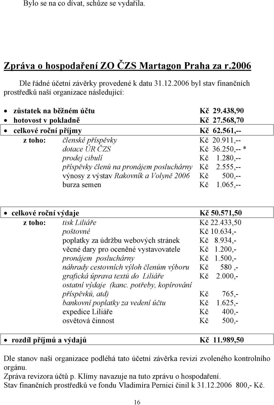 561,-- z toho: členské příspěvky Kč 20.911,-- dotace ÚR ČZS Kč 36.250,-- * prodej cibulí Kč 1.280,-- příspěvky členů na pronájem posluchárny Kč 2.