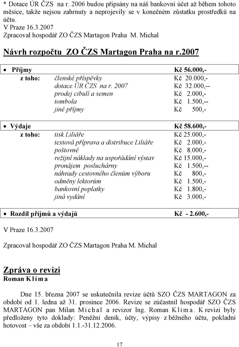 000,-- prodej cibulí a semen Kč 2.000,- tombola Kč 1.500,-- jiné příjmy Kč 500,- Výdaje Kč 58.600,- z toho: tisk Liliáře Kč 25.000,- textová příprava a distribuce Liliáře Kč 2.000,- poštovné Kč 8.