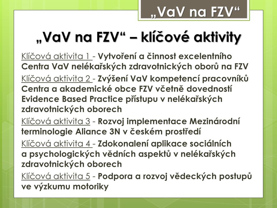 zdravotnických oborech Klíčová aktivita 3 - Rozvoj implementace Mezinárodní terminologie Aliance 3N v českém prostředí Klíčová aktivita 4 - Zdokonalení