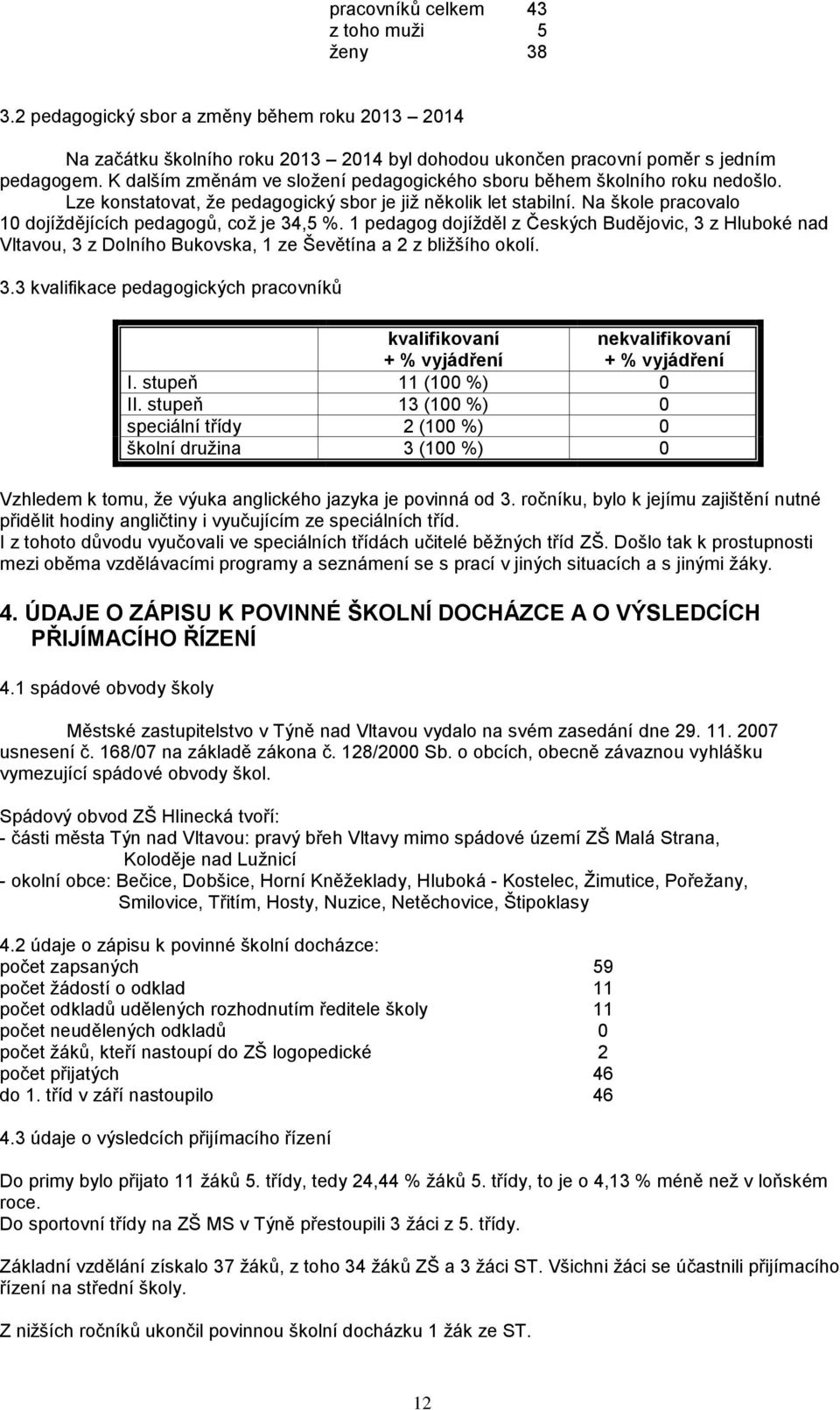 Na škole pracovalo 10 dojíždějících pedagogů, což je 34,5 %. 1 pedagog dojížděl z Českých Budějovic, 3 z Hluboké nad Vltavou, 3 z Dolního Bukovska, 1 ze Ševětína a 2 z bližšího okolí. 3.3 kvalifikace pedagogických pracovníků kvalifikovaní + % vyjádření nekvalifikovaní + % vyjádření I.