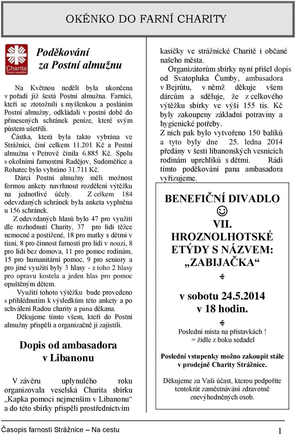 Částka, která byla takto vybrána ve Strážnici, činí celkem 11.201 Kč a Postní almužna v Petrově činila 6.885 Kč. Spolu s okolními farnostmi Radějov, Sudoměřice a Rohatec bylo vybráno 31.711 Kč.