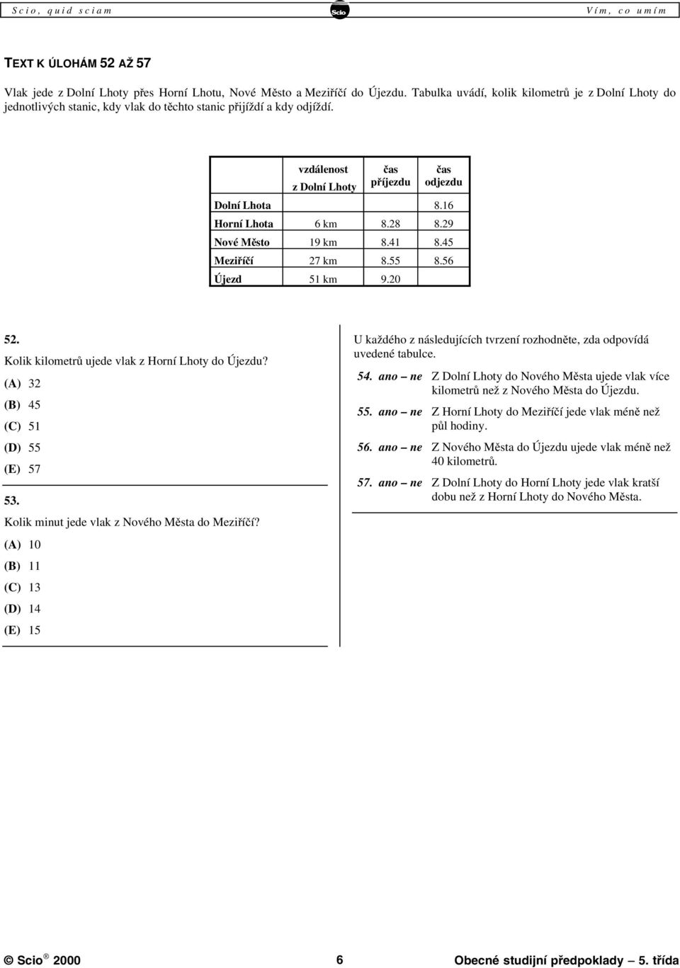 16 Horní Lhota 6 km 8.28 8.29 Nové Město 19 km 8.41 8.45 Meziříčí 27 km 8.55 8.56 Újezd 51 km 9.20 52. Kolik kilometrů ujede vlak z Horní Lhoty do Újezdu? (A) 32 (B) 45 (C) 51 (D) 55 (E) 57 53.