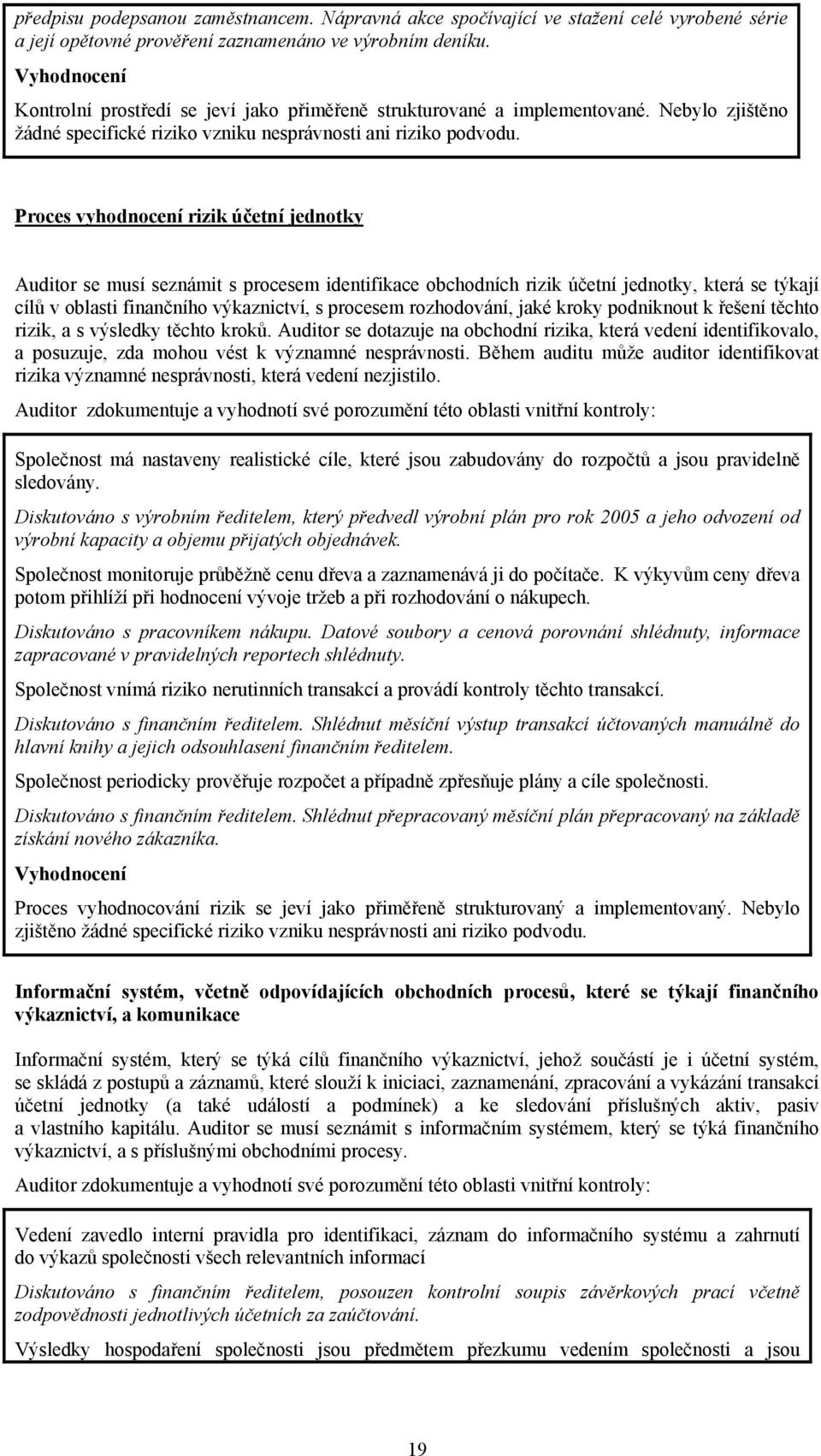 Proces vyhodnocení rizik účetní jednotky Auditor se musí seznámit s procesem identifikace obchodních rizik účetní jednotky, která se týkají cílů v oblasti finančního výkaznictví, s procesem