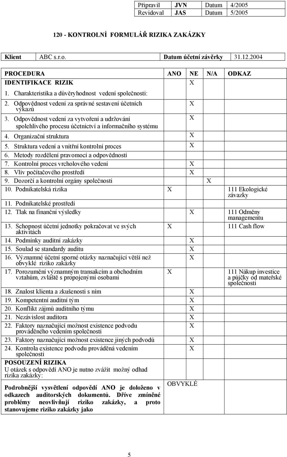 Odpovědnost vedení za vytvoření a udržování X spolehlivého procesu účetnictví a informačního systému 4. Organizační struktura X 5. Struktura vedení a vnitřní kontrolní proces X 6.