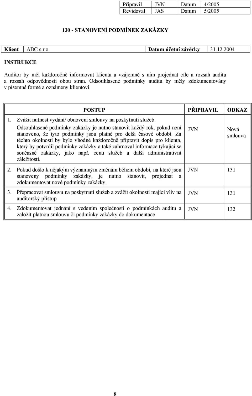 Odsouhlasené podmínky auditu by měly zdokumentovány v písemné formě a oznámeny klientovi. POSTUP PŘIPRAVIL ODKAZ 1. Zvážit nutnost vydání/ obnovení smlouvy na poskytnutí služeb.