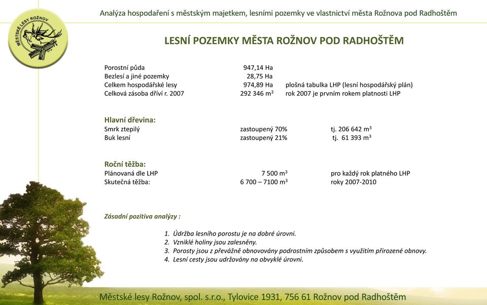 61 393 m 3 Roční těžba: Plánovaná dle LHP 7 500 m 3 pro každý rok platného LHP Skutečná těžba: 6 700 7100 m 3 roky 2007-2010 Zásadní pozitiva analýzy : 1.