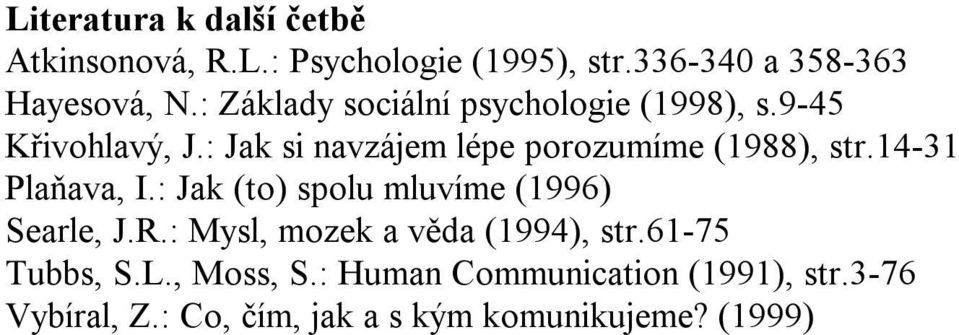 : Jak si navzájem lépe porozumíme (1988), str.14-31 Plaňava, I.: Jak (to) spolu mluvíme (1996) Searle, J.
