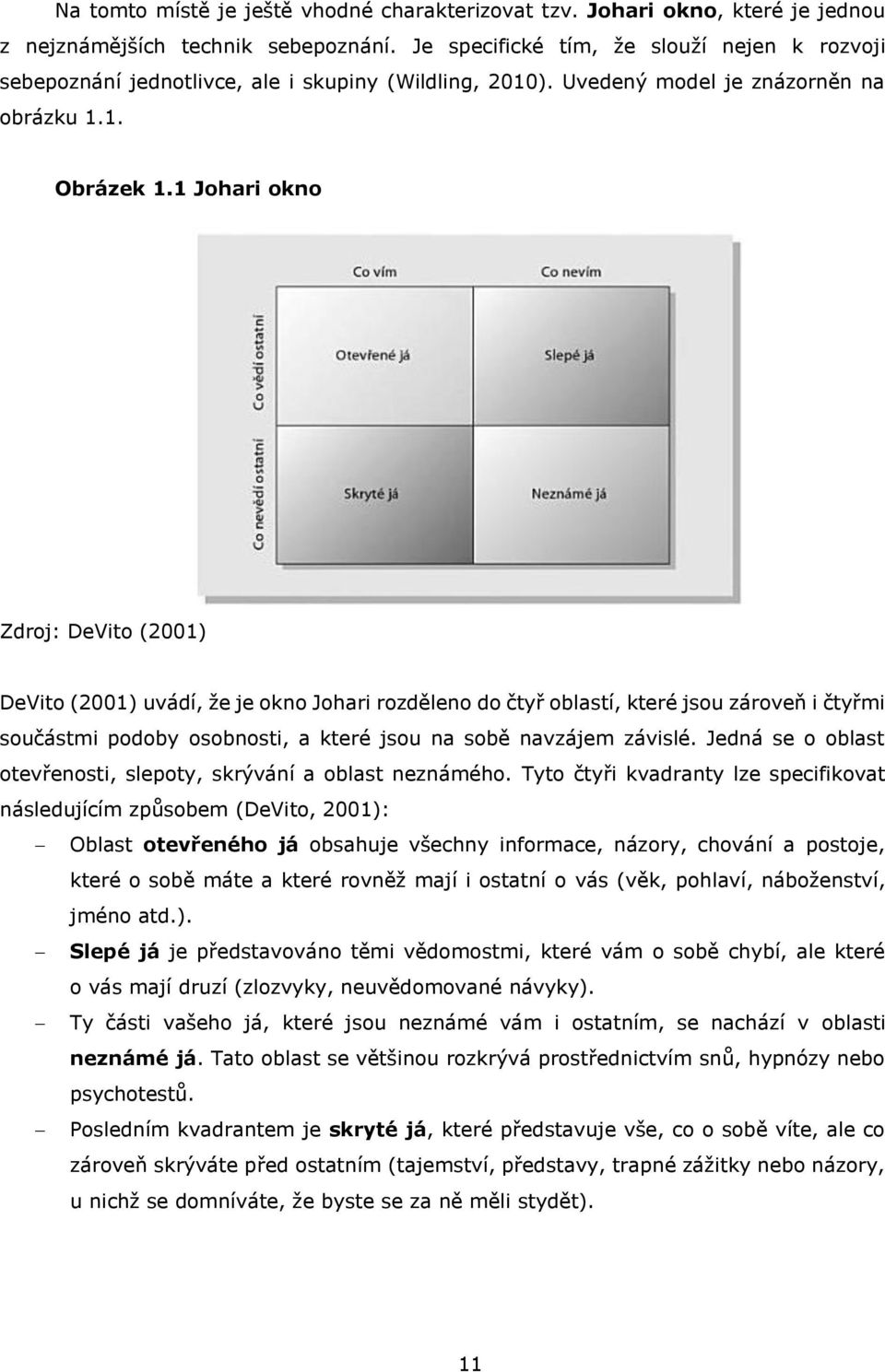 1 Johari okno Zdroj: DeVito (2001) DeVito (2001) uvádí, že je okno Johari rozděleno do čtyř oblastí, které jsou zároveň i čtyřmi součástmi podoby osobnosti, a které jsou na sobě navzájem závislé.