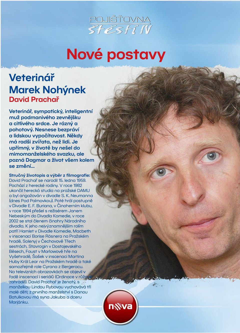 .. Stručný životopis a výběr z filmografie: David Prachař se narodil 15. ledna 1959. Pochází z herecké rodiny. V roce 1982 ukončil herecká studia na pražské DAMU a byl angažován v divadle S. K.