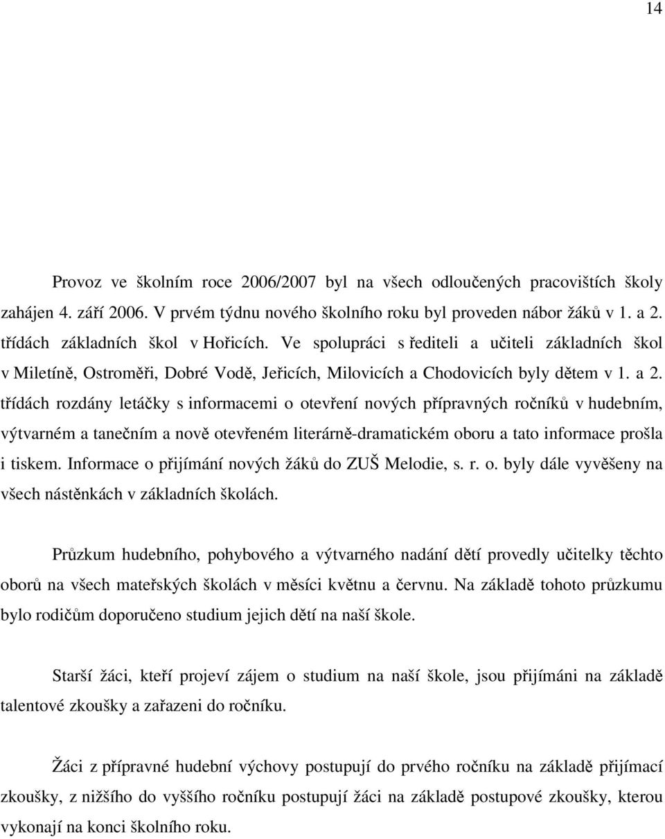 třídách rozdány letáčky s informacemi o otevření nových přípravných ročníků v hudebním, výtvarném a tanečním a nově otevřeném literárně-dramatickém oboru a tato informace prošla i tiskem.