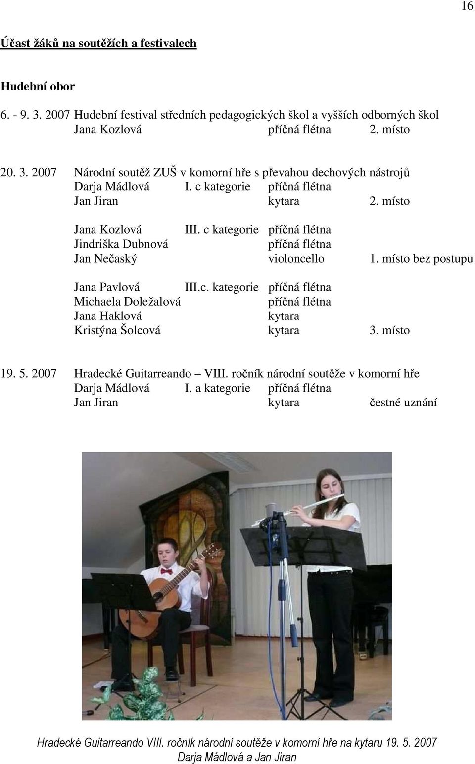 místo 19. 5. 2007 Hradecké Guitarreando VIII. ročník národní soutěže v komorní hře Darja Mádlová I. a kategorie příčná flétna Jan Jiran kytara čestné uznání Hradecké Guitarreando VIII.