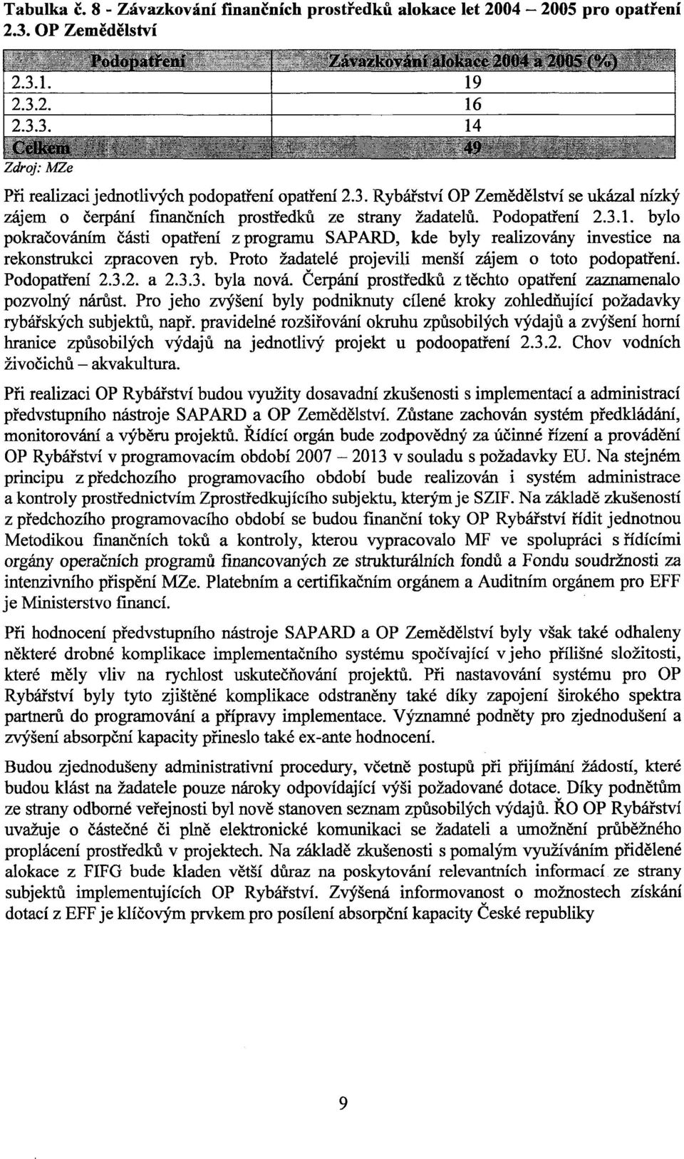 Podopatření 2.3.2. a 2.3.3. byla nová. Čerpání prostředků z těchto opatření zaznamenalo pozvolný nárůst. Pro jeho zvýšení byly podniknuty cílené kroky zohledňující požadavky rybářských subjektů, např.