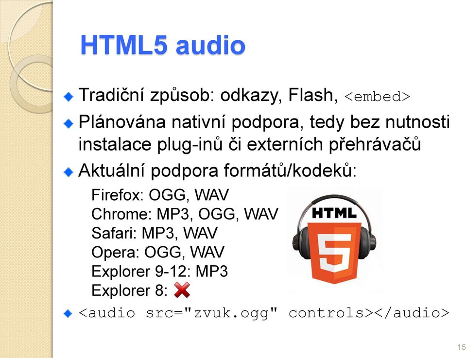 formátů/kodeků: Firefox: OGG, WAV Chrome: MP3, OGG, WAV Safari: MP3, WAV Opera:
