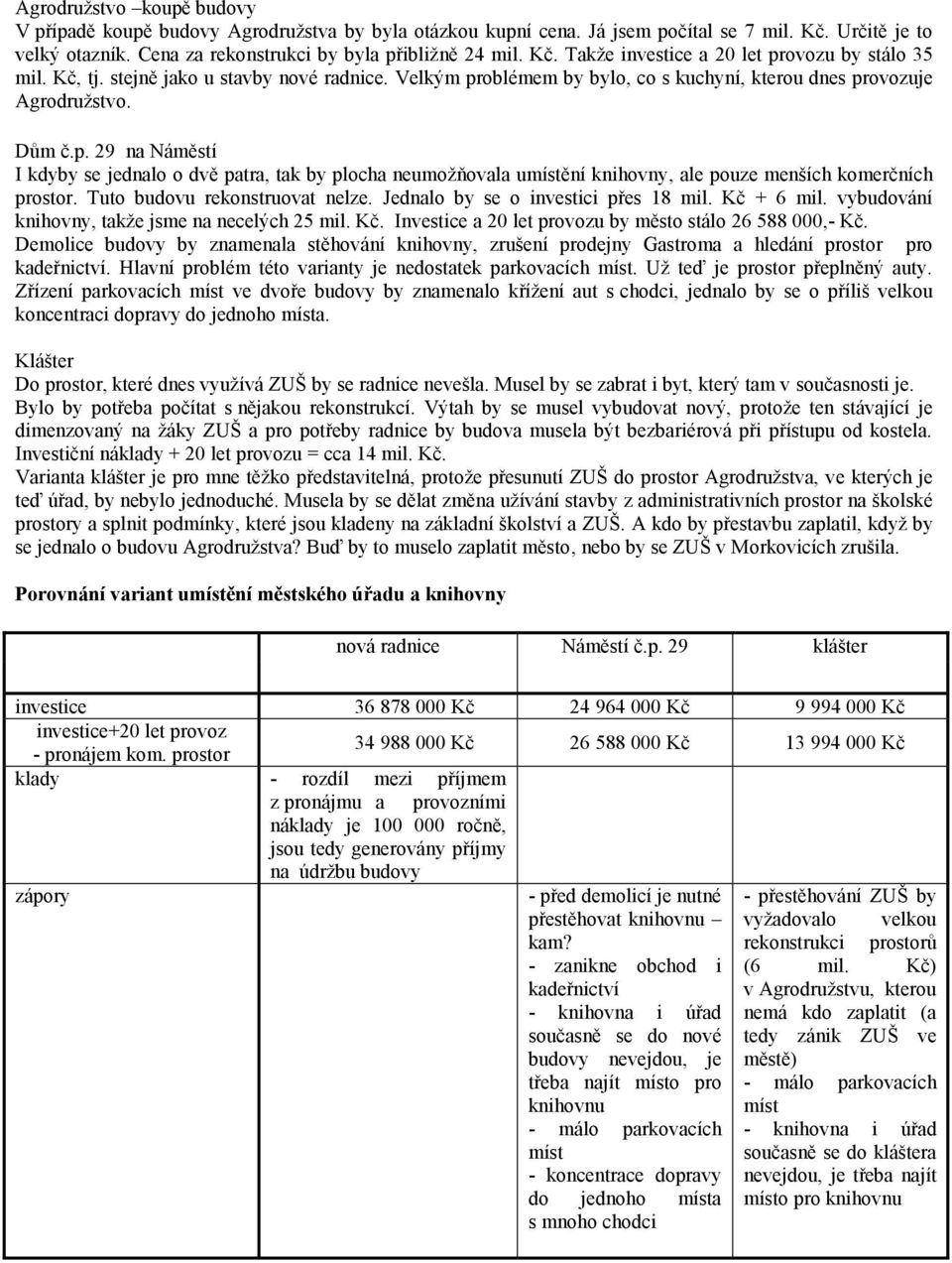 Tuto budovu rekonstruovat nelze. Jednalo by se o investici přes 18 mil. Kč + 6 mil. vybudování knihovny, takže jsme na necelých 25 mil. Kč. Investice a 20 let provozu by město stálo 26 588 000,- Kč.