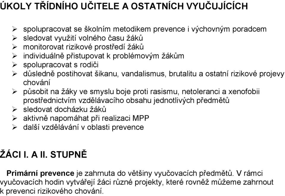 proti rasismu, netoleranci a xenofobii prostřednictvím vzdělávacího obsahu jednotlivých předmětů sledovat docházku žáků aktivně napomáhat při realizaci MPP další vzdělávání v oblasti