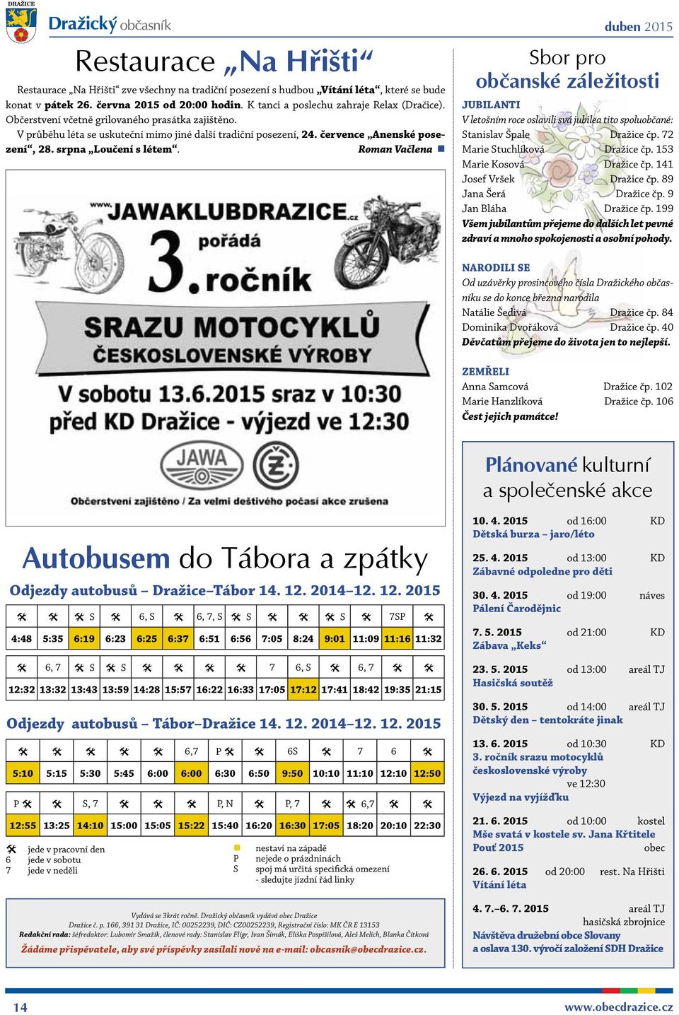 Roman Vačlena duben 2015 Sbor pro občanské záležitosti JUBILANTI V letošním roce oslavili svá jubilea tito spoluobčané: Stanislav Špale Dražice čp. 72 Marie Stuchlíková Dražice čp.