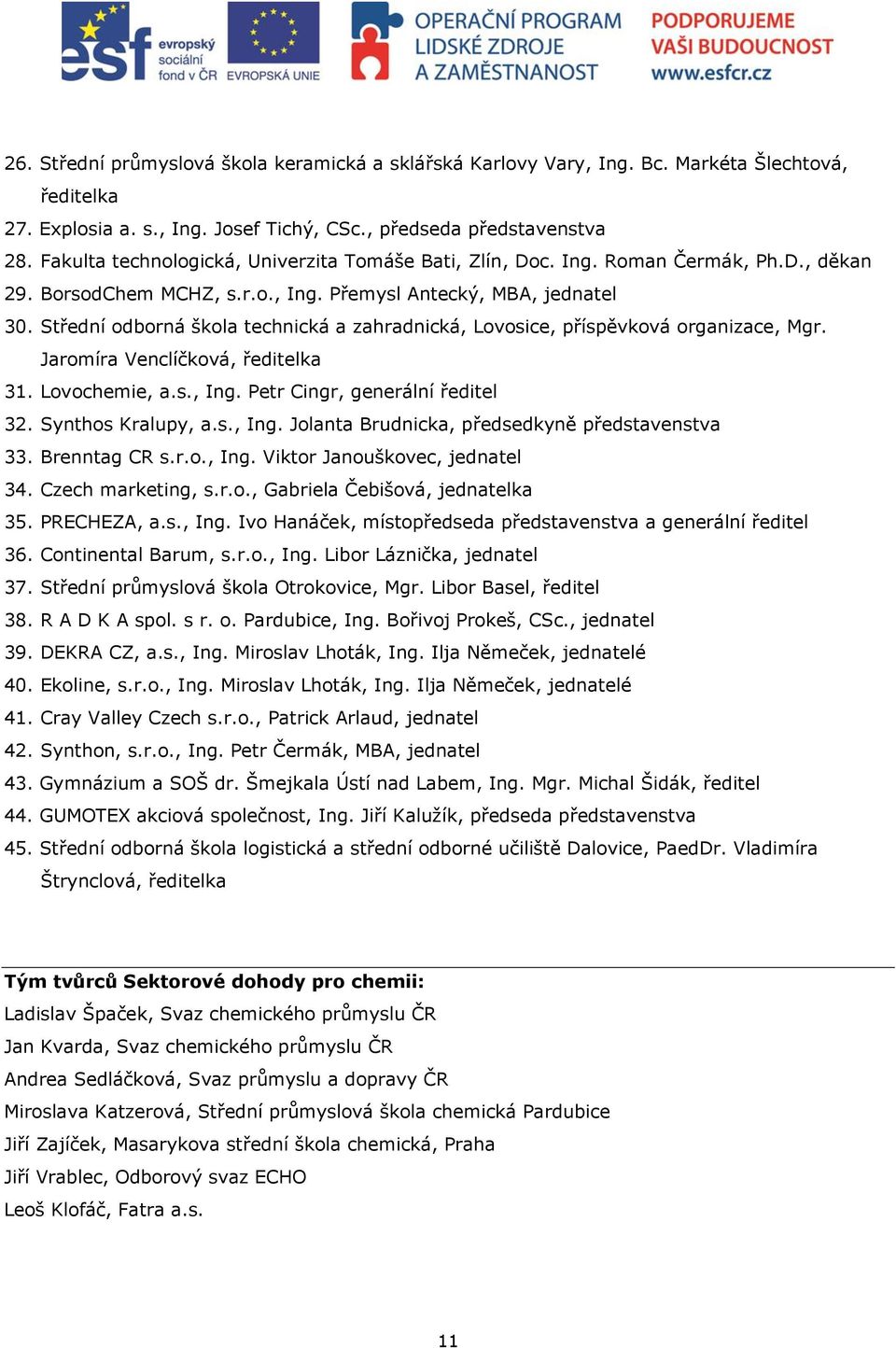 Střední odborná škola technická a zahradnická, Lovosice, příspěvková organizace, Mgr. Jaromíra Venclíčková, ředitelka 31. Lovochemie, a.s., Ing. Petr Cingr, generální ředitel 32. Synthos Kralupy, a.s., Ing. Jolanta Brudnicka, předsedkyně představenstva 33.