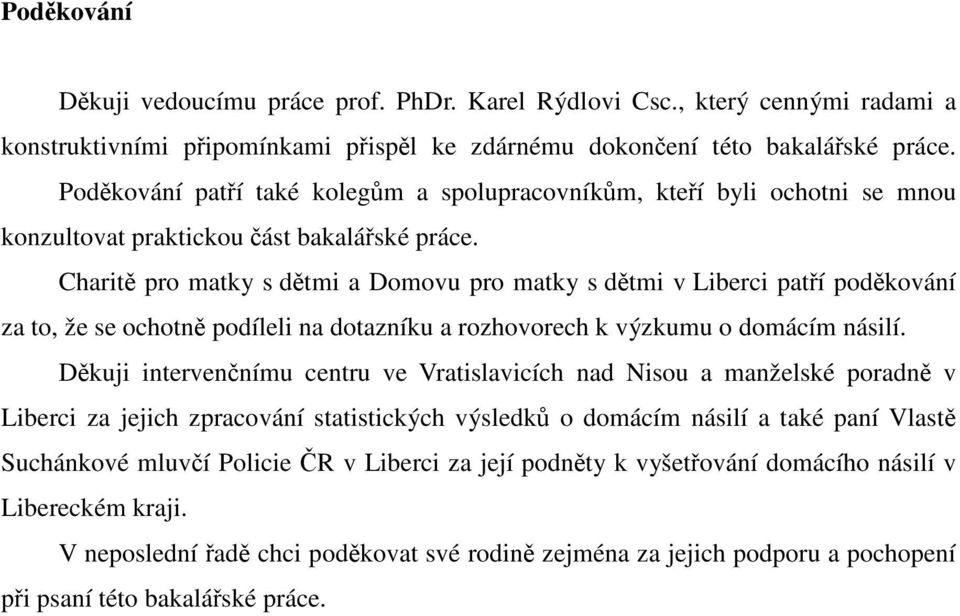 Charitě pro matky s dětmi a Domovu pro matky s dětmi v Liberci patří poděkování za to, že se ochotně podíleli na dotazníku a rozhovorech k výzkumu o domácím násilí.