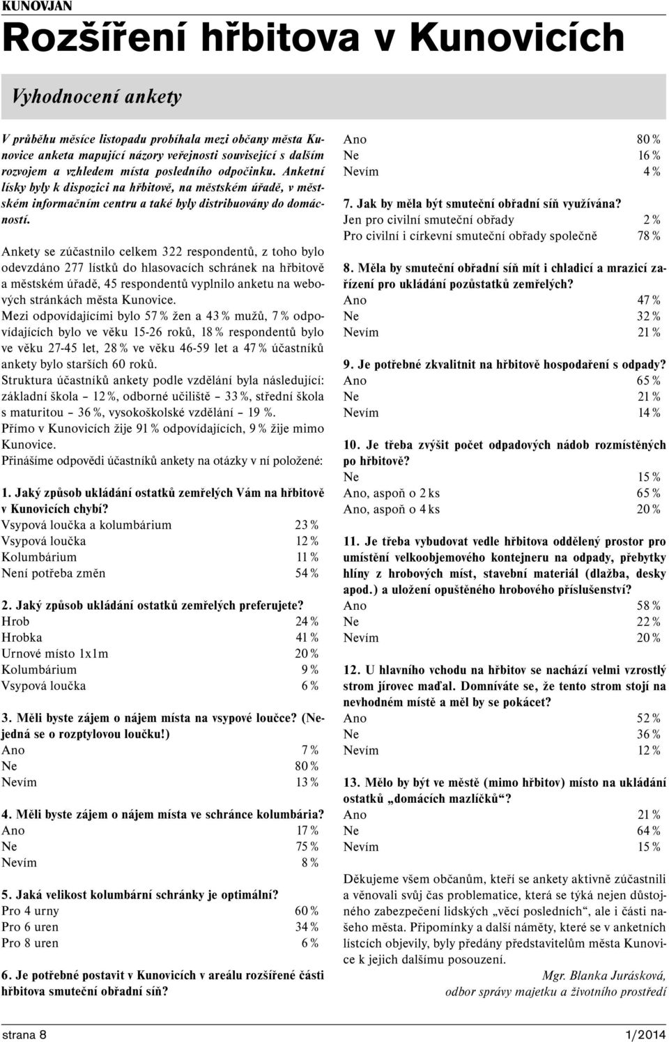 Ankety se zúčastnilo celkem 322 respondentů, z toho bylo odevzdáno 277 lístků do hlasovacích schránek na hřbitově a městském úřadě, 45 respondentů vyplnilo anketu na webových stránkách města Kunovice.