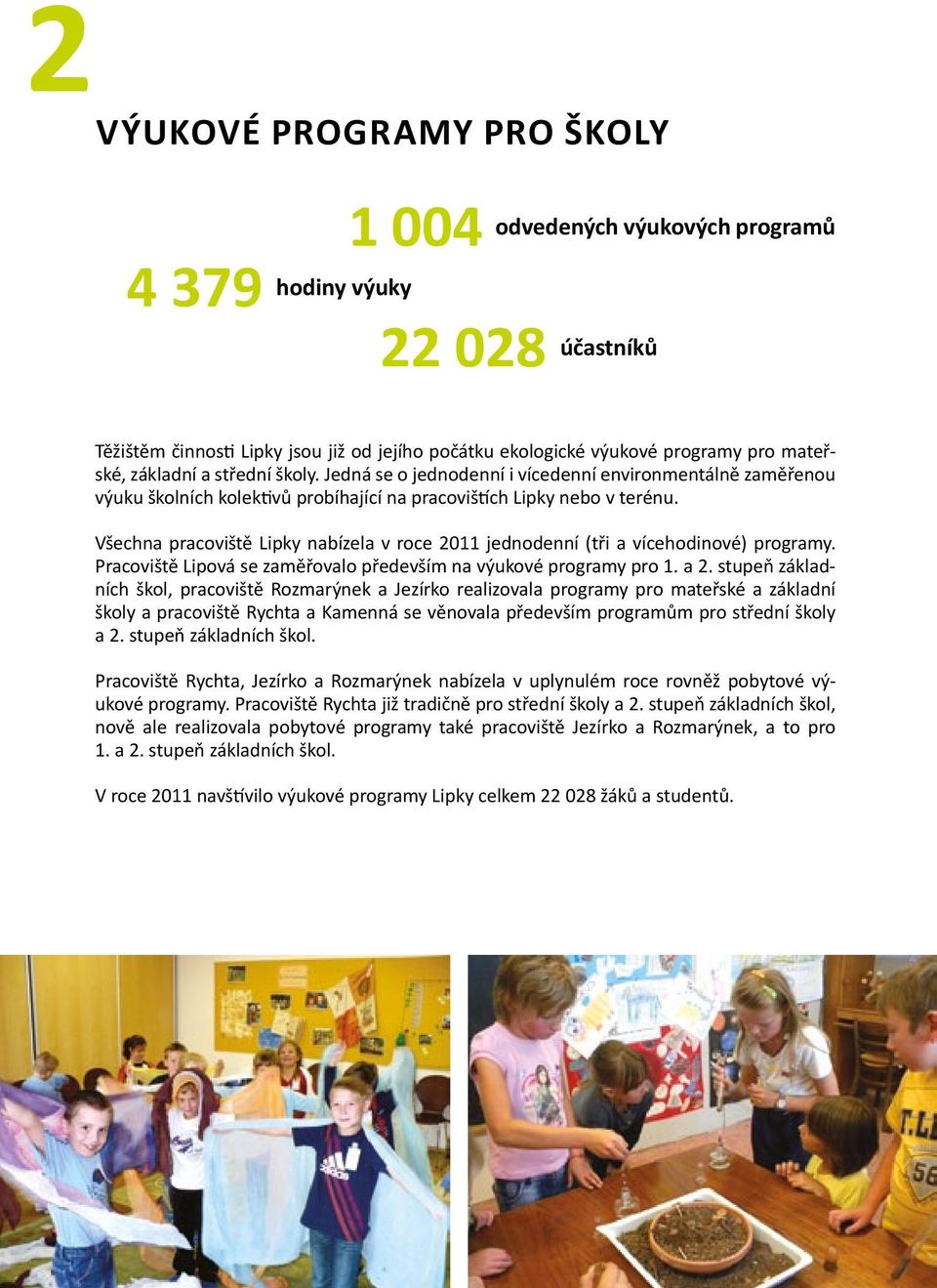 Všechna pracoviště Lipky nabízela v roce 2011 jednodenní (tři a vícehodinové) programy. Pracoviště Lipová se zaměřovalo především na výukové programy pro 1. a 2.