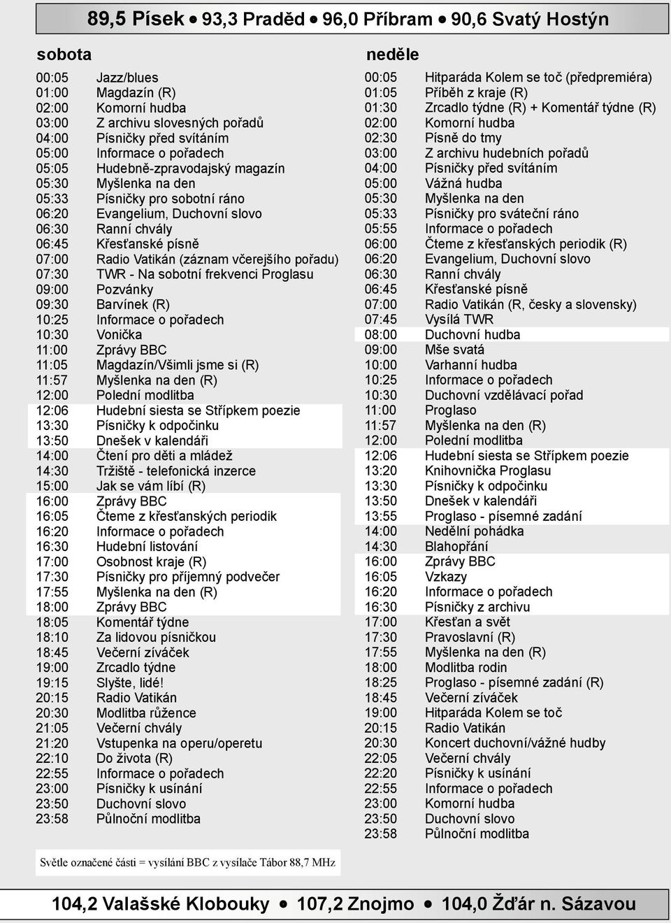 Vatikán (záznam včerejšího pořadu) 07:30 TWR - Na sobotní frekvenci Proglasu 09:00 Pozvánky 09:30 Barvínek (R) 10:25 Informace o pořadech 10:30 Vonička 11:00 Zprávy BBC 11:05 Magdazín/Všimli jsme si