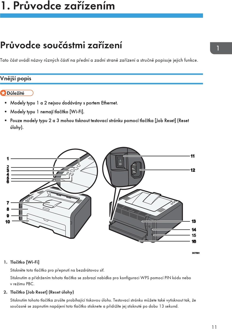 Pouze modely typu 2 a 3 mohou tisknout testovací stránku pomocí tlačítka [Job Reset] (Reset úlohy). 1 2 3 4 5 6 11 12 7 8 9 10 13 14 15 16 DCT831 1.