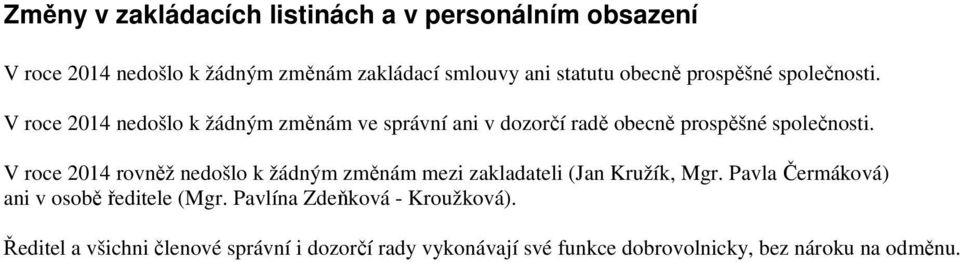 V roce 2014 rovněž nedošlo k žádným změnám mezi zakladateli (Jan Kružík, Mgr. Pavla Čermáková) ani v osobě ředitele (Mgr.