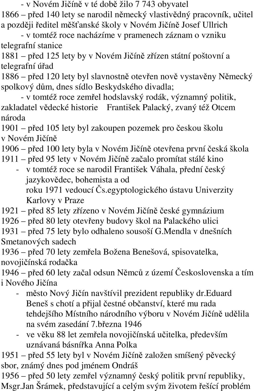 spolkový dům, dnes sídlo Beskydského divadla; - v tomtéž roce zemřel hodslavský rodák, významný politik, zakladatel vědecké historie František Palacký, zvaný též Otcem národa 1901 před 105 lety byl