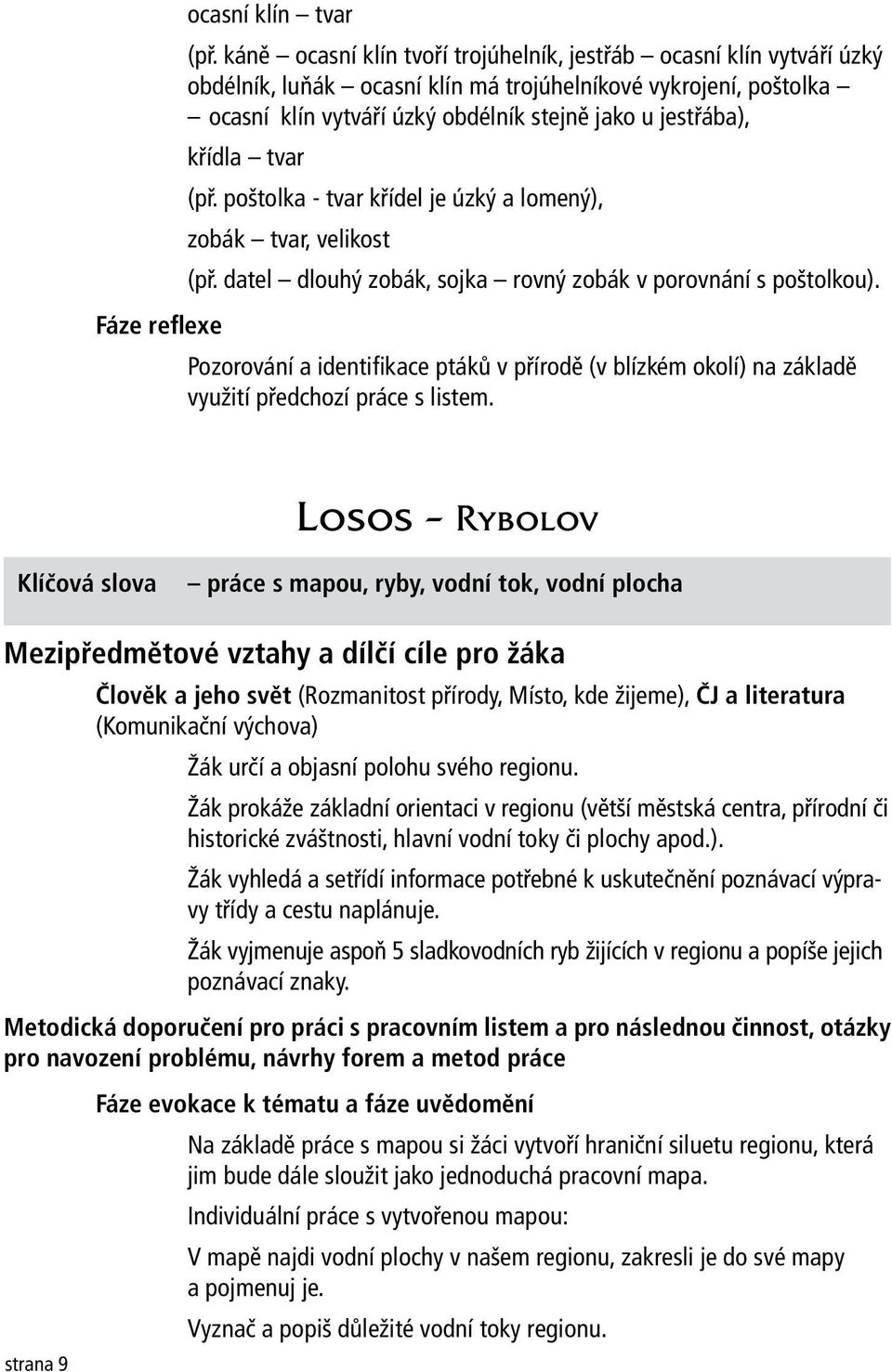 křídla tvar (př. poštolka - tvar křídel je úzký a lomený), zobák tvar, velikost (př. datel dlouhý zobák, sojka rovný zobák v porovnání s poštolkou).