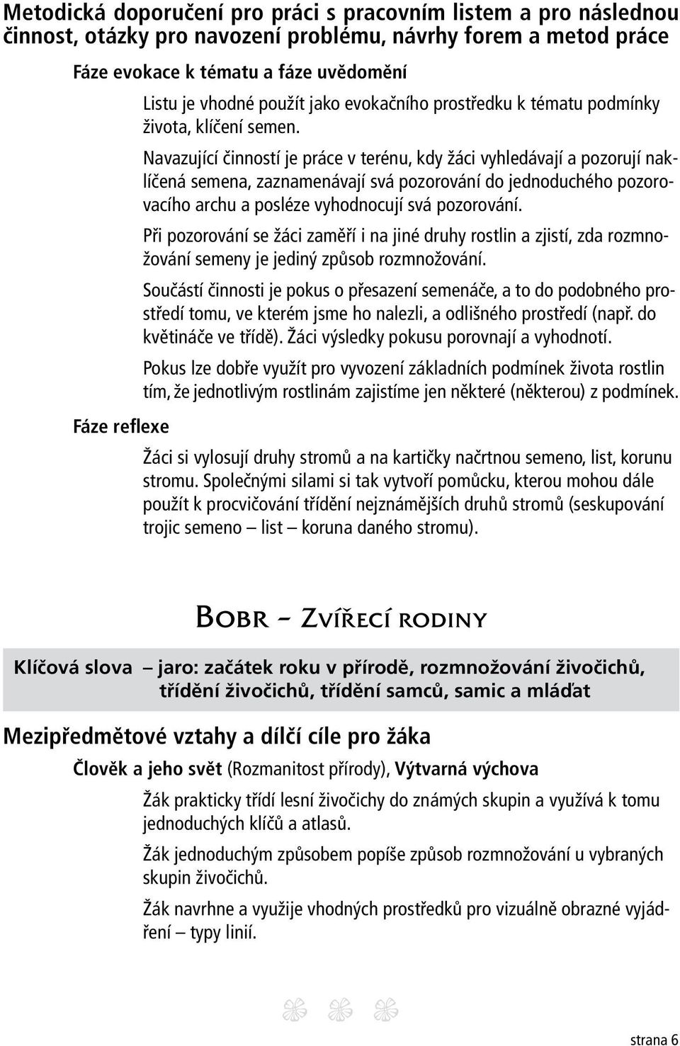 Navazující činností je práce v terénu, kdy žáci vyhledávají a pozorují naklíčená semena, zaznamenávají svá pozorování do jednoduchého pozorovacího archu a posléze vyhodnocují svá pozorování.