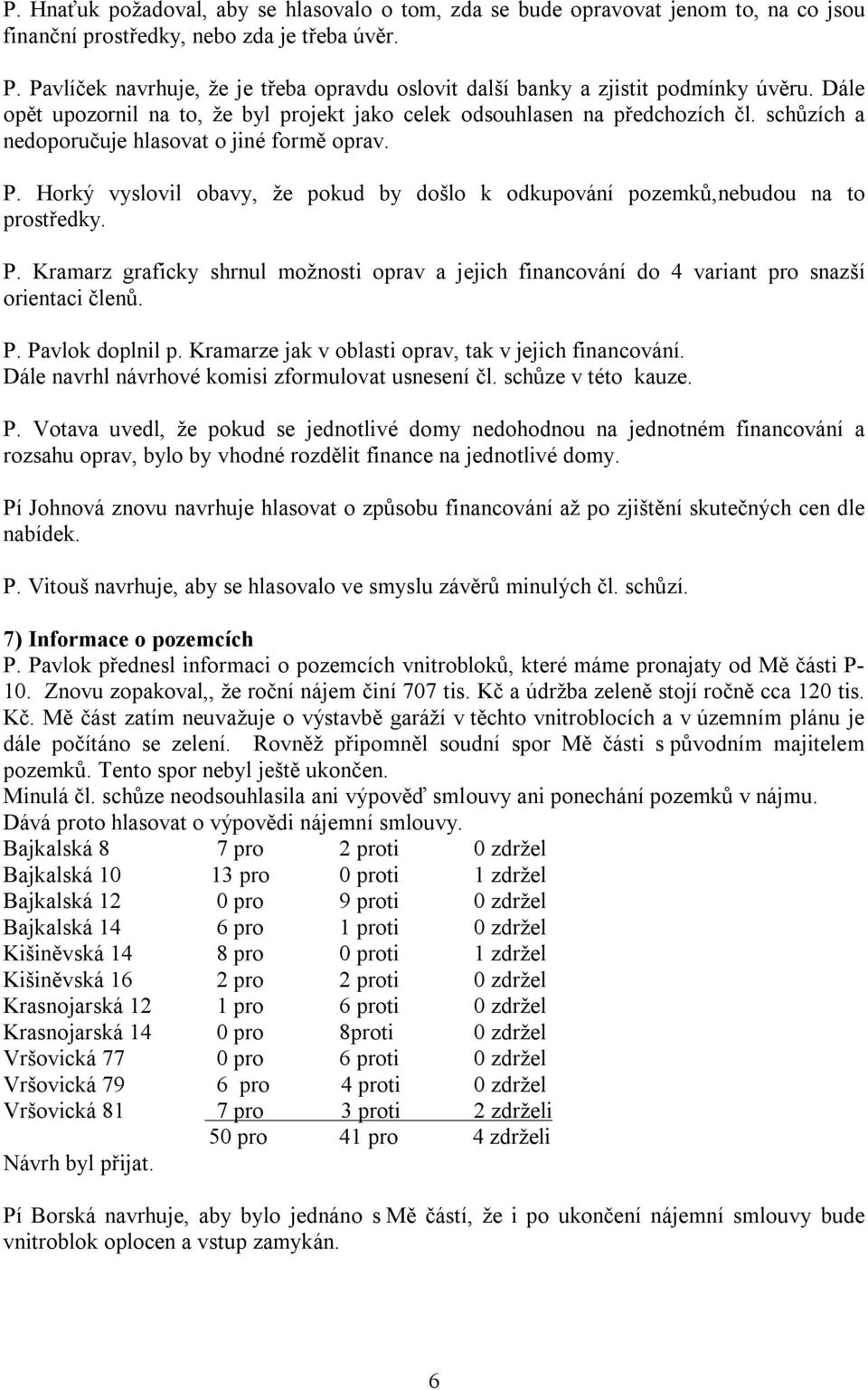 schůzích a nedoporučuje hlasovat o jiné formě oprav. P. Horký vyslovil obavy, že pokud by došlo k odkupování pozemků,nebudou na to prostředky. P. Kramarz graficky shrnul možnosti oprav a jejich financování do 4 variant pro snazší orientaci členů.