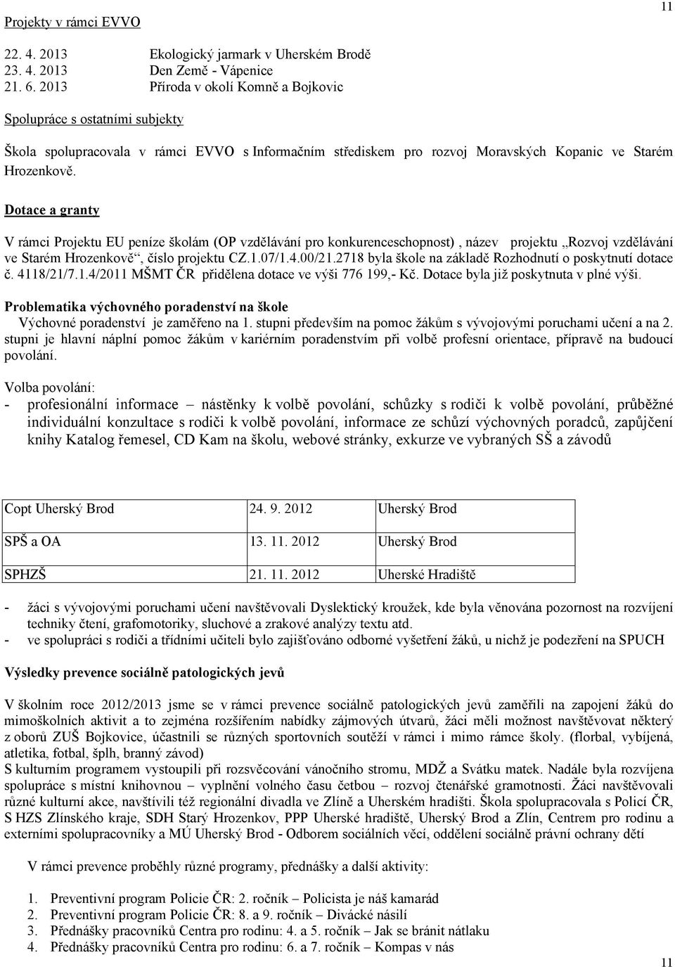 Dotace a granty V rámci Projektu EU peníze školám (OP vzdělávání pro konkurenceschopnost), název projektu Rozvoj vzdělávání ve Starém Hrozenkově, číslo projektu CZ.1.07/1.4.00/21.