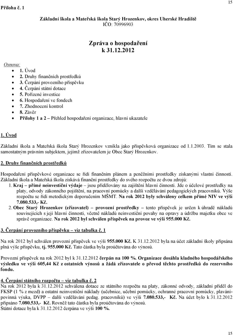 Úvod Základní škola a Mateřská škola Starý Hrozenkov vznikla jako příspěvková organizace od 1.1.2003. Tím se stala samostatným právním subjektem, jejímž zřizovatelem je Obec Starý Hrozenkov. 2.