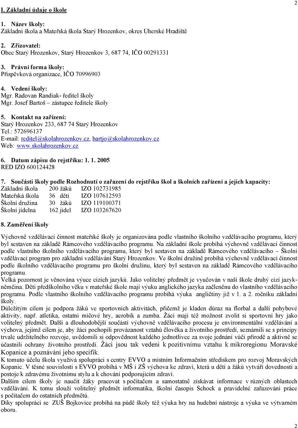 Kontakt na zařízení: Starý Hrozenkov 233, 687 74 Starý Hrozenkov Tel.: 572696137 E-mail: reditel@skolahrozenkov.cz, bartjo@skolahrozenkov.cz Web: www.skolahrozenkov.cz 6. Datum zápisu do rejstříku: 1.