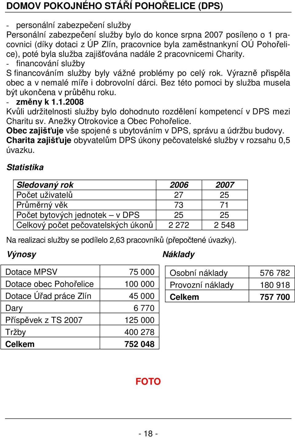 Výrazně přispěla obec a v nemalé míře i dobrovolní dárci. Bez této pomoci by služba musela být ukončena v průběhu roku. - změny k 1.