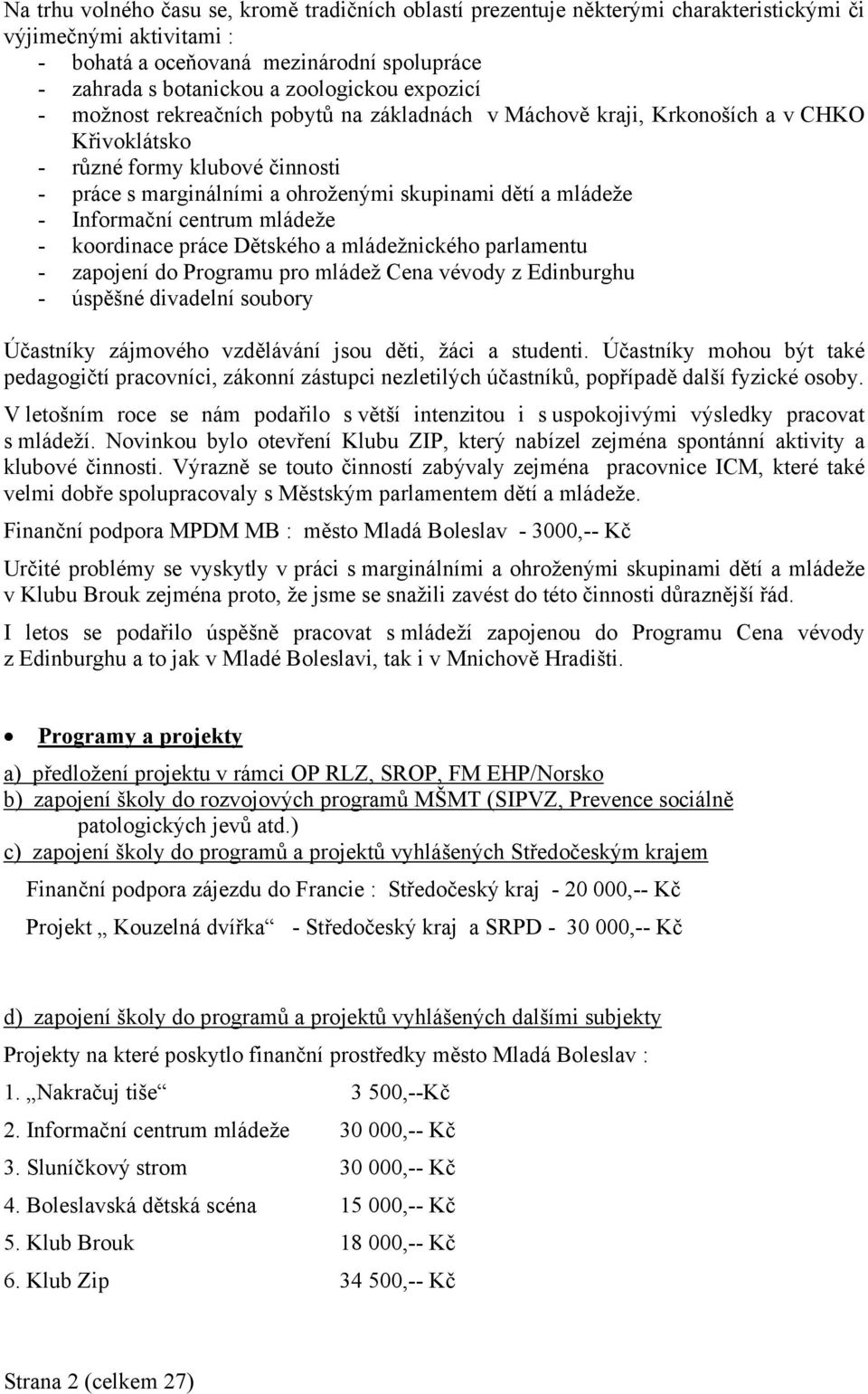 Informační centrum mládeže - koordinace práce Dětského a mládežnického parlamentu - zapojení do Programu pro mládež Cena vévody z Edinburghu - úspěšné divadelní soubory Účastníky zájmového vzdělávání