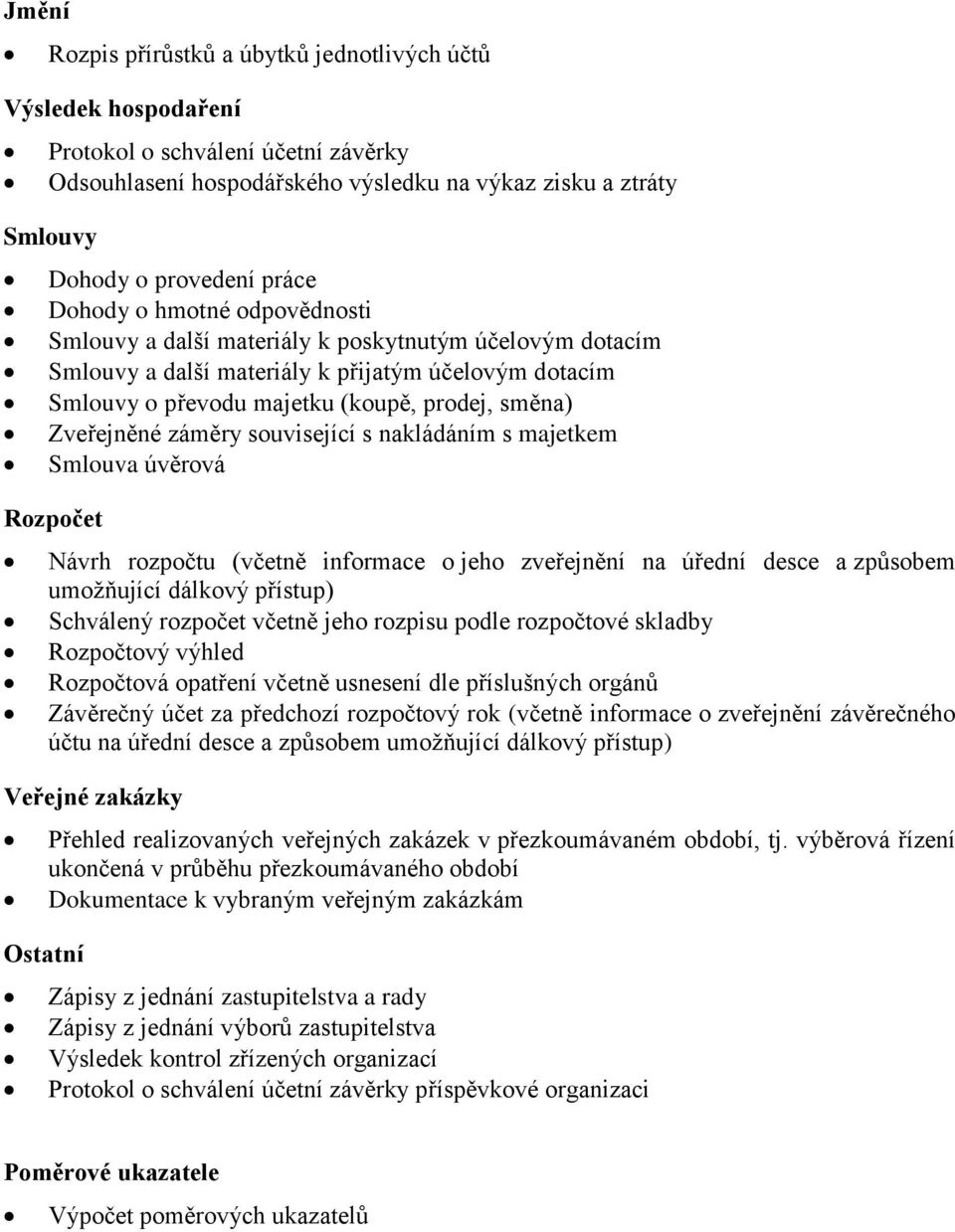 záměry související s nakládáním s majetkem Smlouva úvěrová Rozpočet Návrh rozpočtu (včetně informace o jeho zveřejnění na úřední desce a způsobem umožňující dálkový přístup) Schválený rozpočet včetně