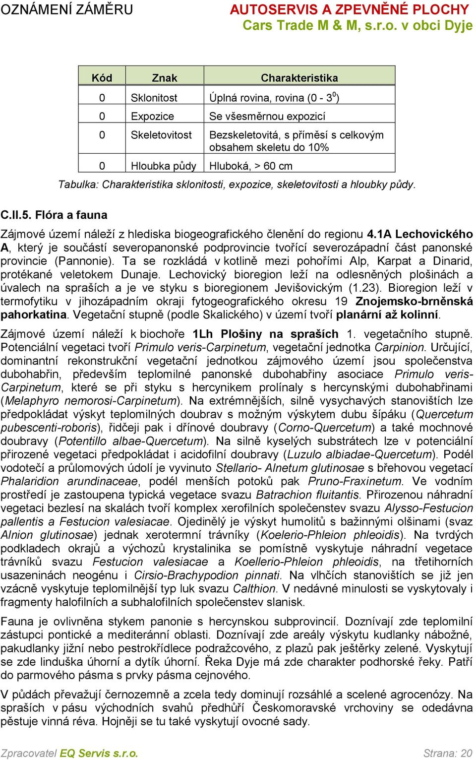 Hloubka půdy Hluboká, > 60 cm Tabulka: Charakteristika sklonitosti, expozice, skeletovitosti a hloubky půdy. Zájmové území náleží z hlediska biogeografického členění do regionu 4.