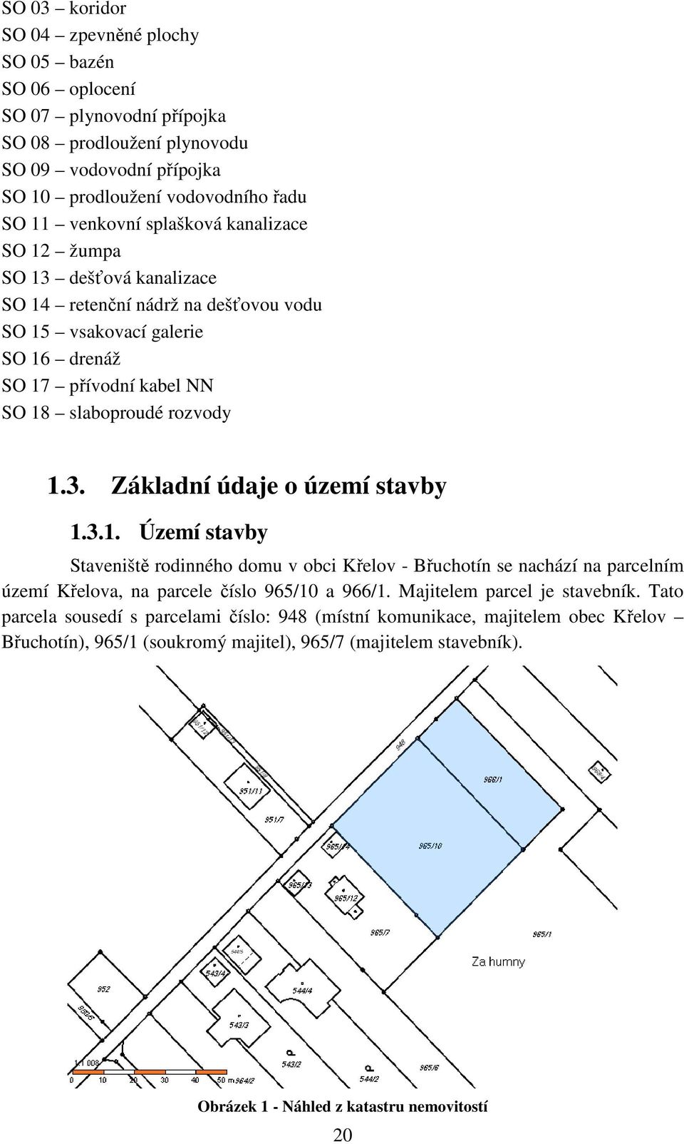 3.1. Území stavby Staveniště rodinného domu v obci Křelov - Břuchotín se nachází na parcelním území Křelova, na parcele číslo 965/10 a 966/1. Majitelem parcel je stavebník.