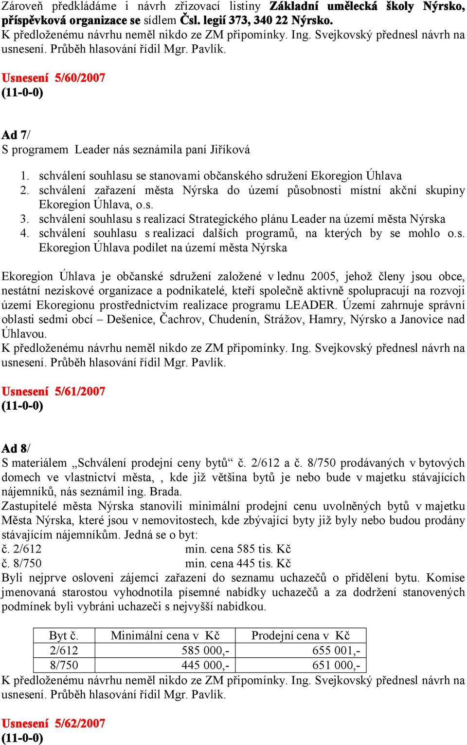 schválení zařazení města Nýrska do území působnosti místní akční skupiny Ekoregion Úhlava, o.s. 3. schválení souhlasu s realizací Strategického plánu Leader na území města Nýrska 4.