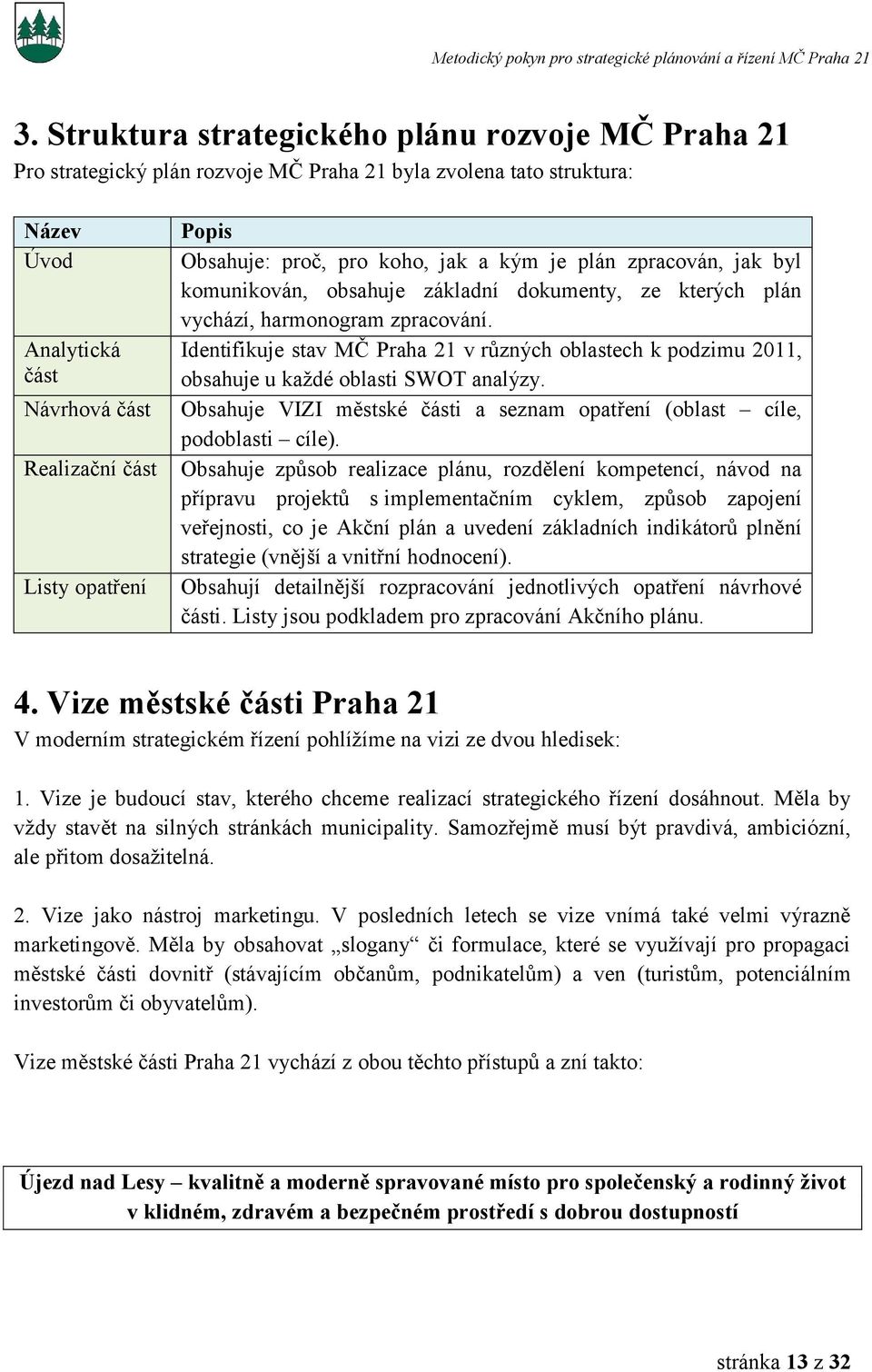 Identifikuje stav MČ Praha 21 v různých oblastech k podzimu 2011, obsahuje u každé oblasti SWOT analýzy. Obsahuje VIZI městské části a seznam opatření (oblast cíle, podoblasti cíle).