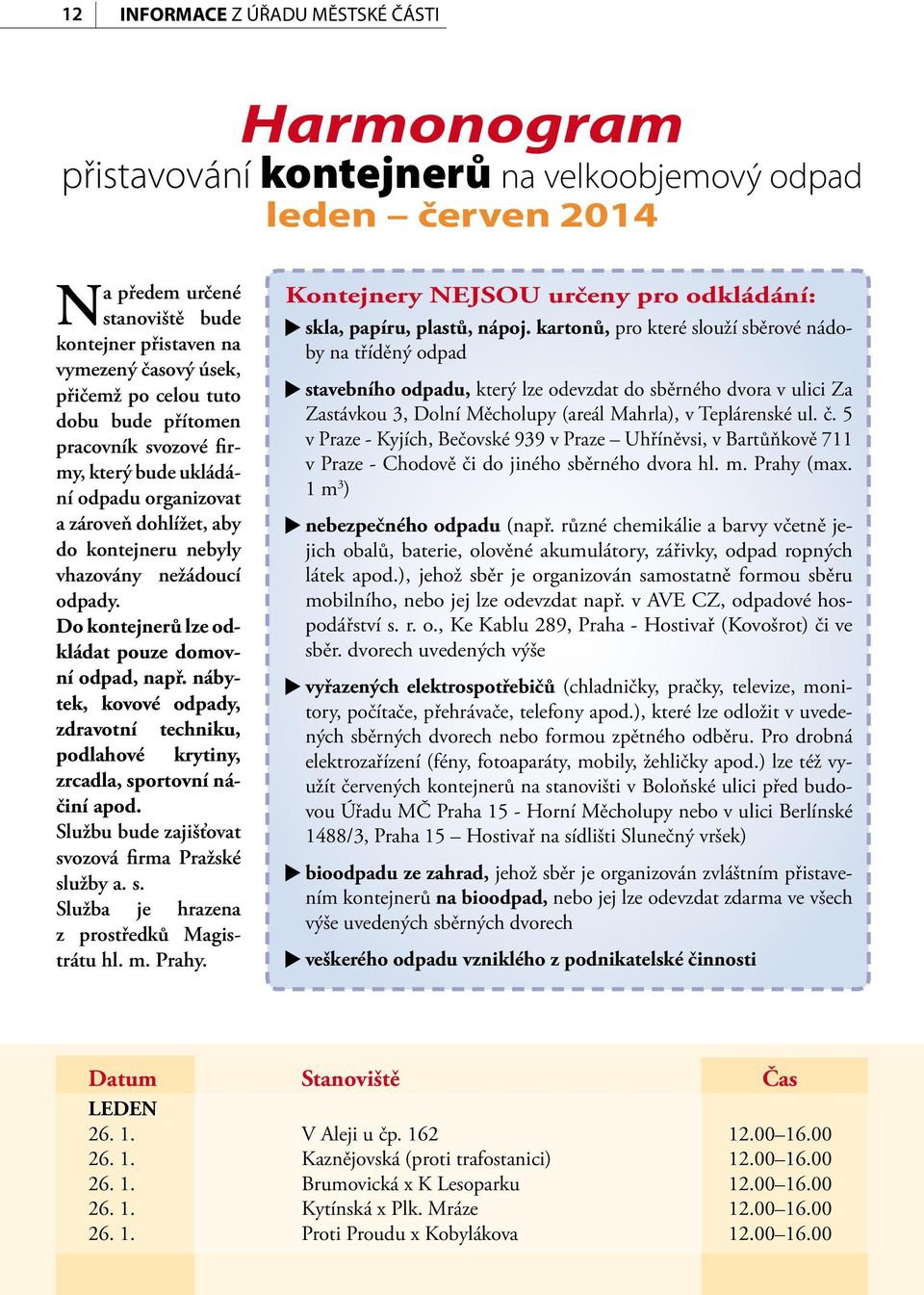 Do kontejnerů lze odkládat pouze domovní odpad, např. nábytek, kovové odpady, zdravotní techniku, podlahové krytiny, zrcadla, sportovní náčiní apod.