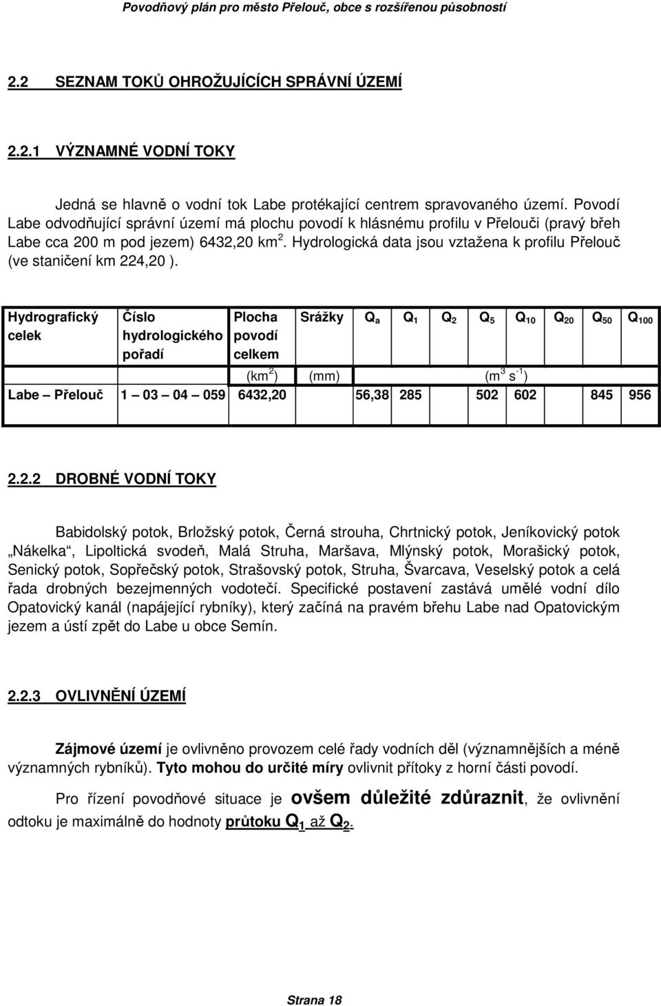 Hydrologická data jsou vztažena k profilu Přelouč (ve staničení km 224,20 ).