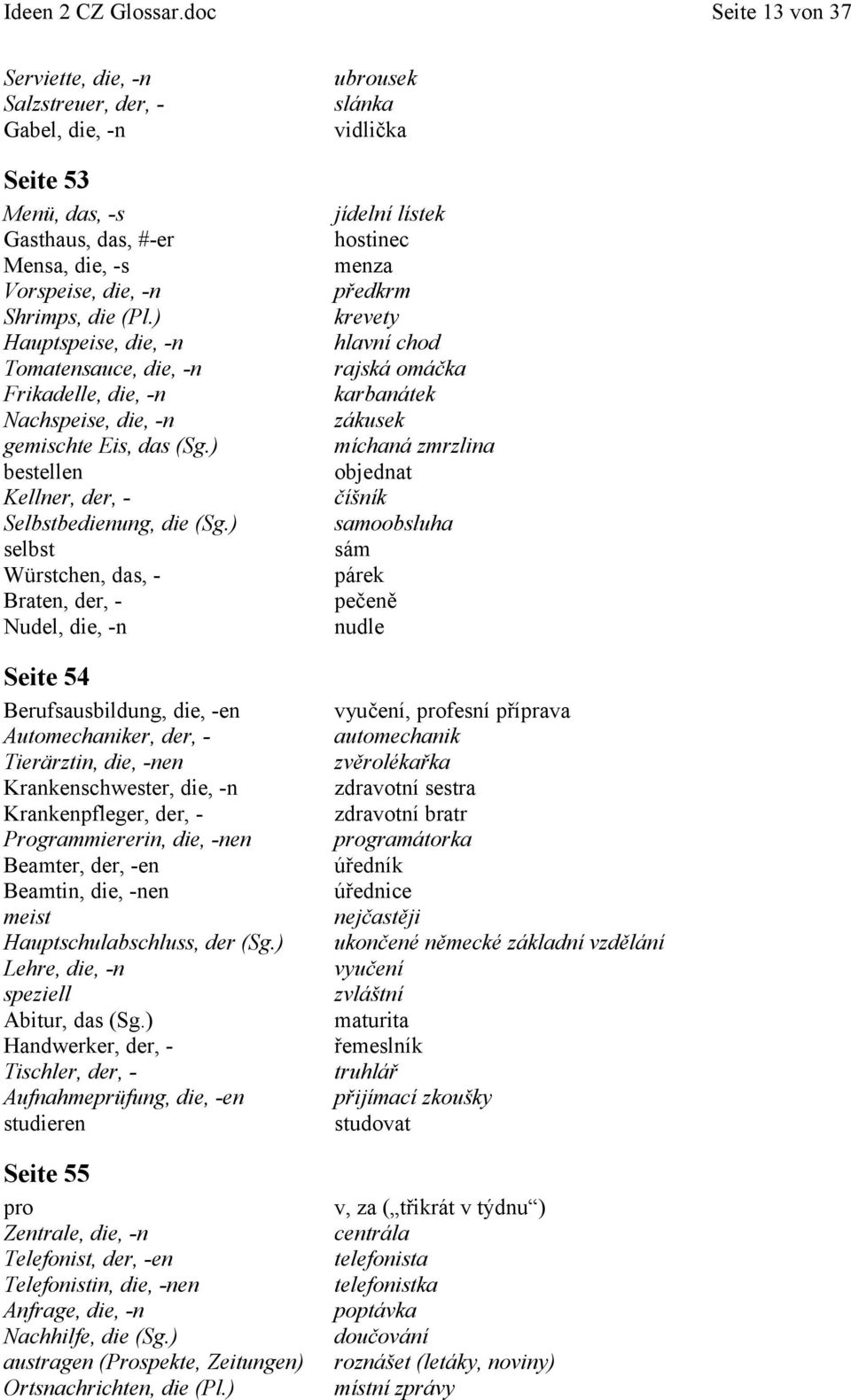 ) selbst Würstchen, das, - Braten, der, - Nudel, die, -n Seite 54 Berufsausbildung, die, -en Automechaniker, der, - Tierärztin, die, -nen Krankenschwester, die, -n Krankenpfleger, der, -