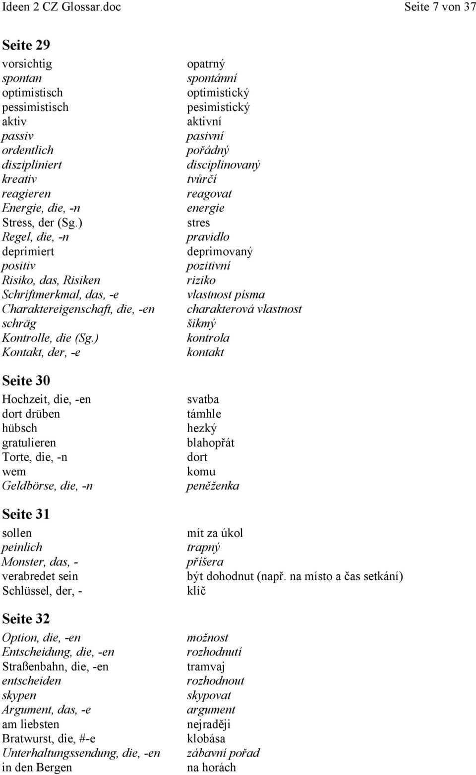 ) Kontakt, der, -e Seite 30 Hochzeit, die, -en dort drüben hübsch gratulieren Torte, die, -n wem Geldbörse, die, -n Seite 31 sollen peinlich Monster, das, - verabredet sein Schlüssel, der, - Seite 32