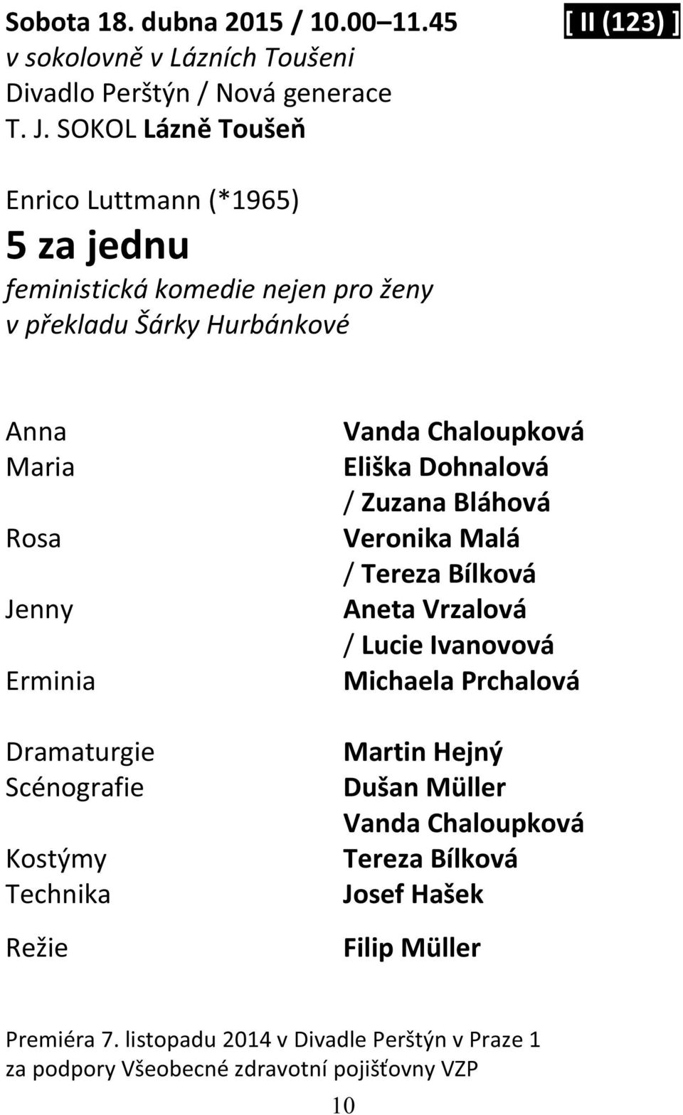 Dramaturgie Scénografie Kostýmy Technika Režie Vanda Chaloupková Eliška Dohnalová / Zuzana Bláhová Veronika Malá / Tereza Bílková Aneta Vrzalová / Lucie