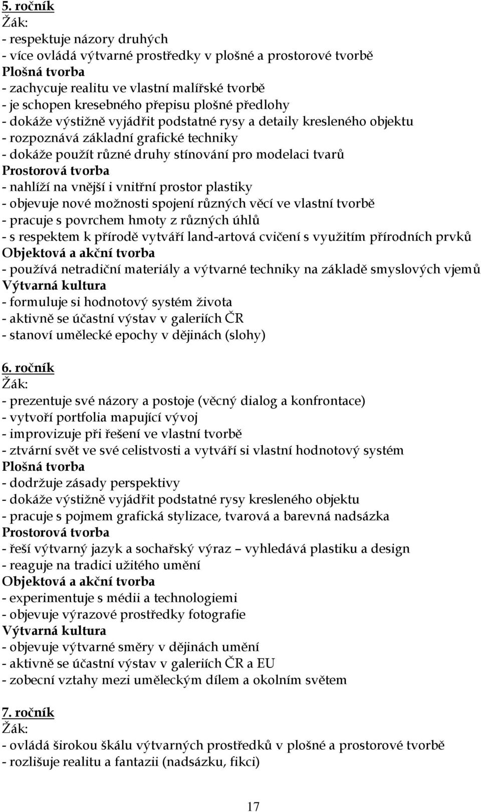 tvorba - nahlíží na vnější i vnitřní prostor plastiky - objevuje nové možnosti spojení různých věcí ve vlastní tvorbě - pracuje s povrchem hmoty z různých úhlů - s respektem k přírodě vytváří