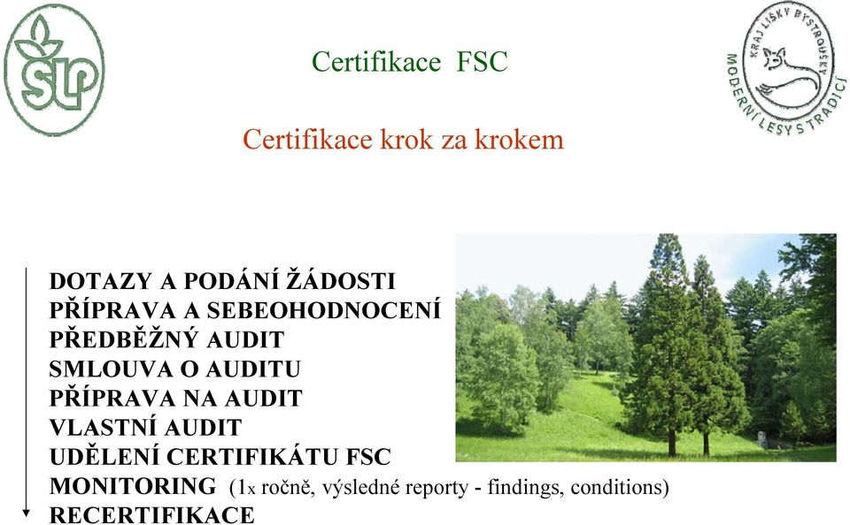 AUDITU PŘÍPRAVA NA AUDIT VLASTNÍ AUDIT UDĚLENÍ CERTIFIKÁTU FSC