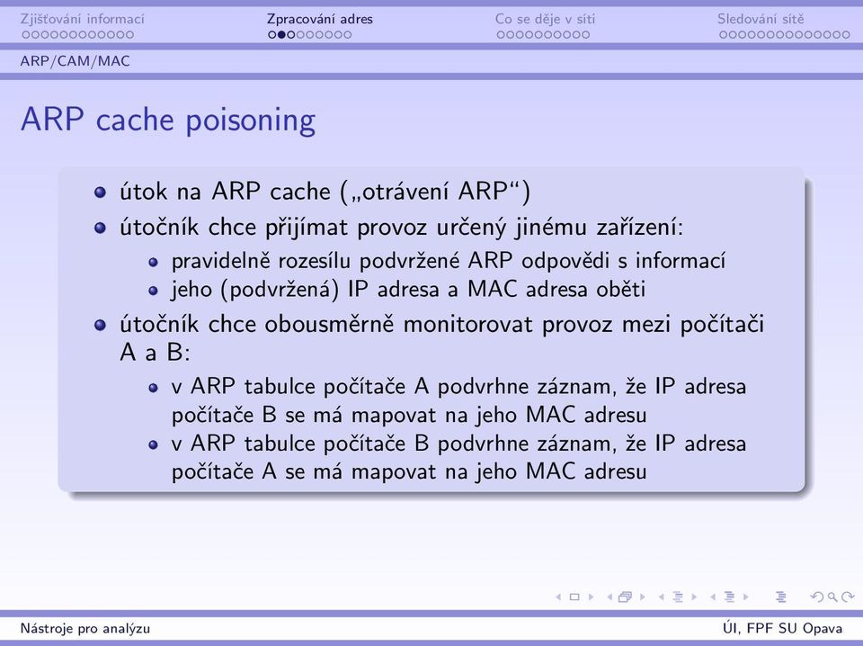 obousměrně monitorovat provoz mezi počítači A a B: v ARP tabulce počítače A podvrhne záznam, že IP adresa počítače B se