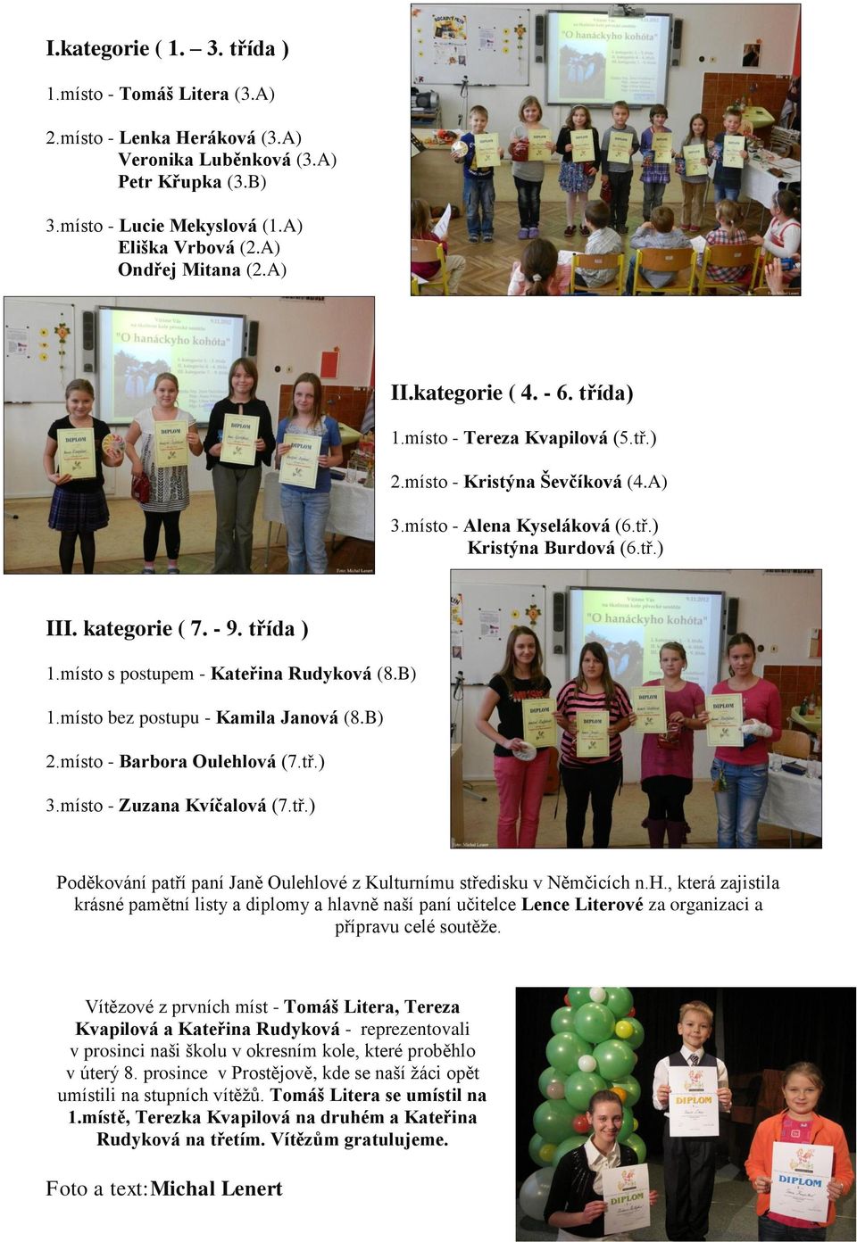 místo s postupem - Kateřina Rudyková (8.B) 1.místo bez postupu - Kamila Janová (8.B) 2.místo - Barbora Oulehlová (7.tř.) 3.místo - Zuzana Kvíčalová (7.tř.) Poděkování patří paní Janě Oulehlové z Kulturnímu středisku v Němčicích n.